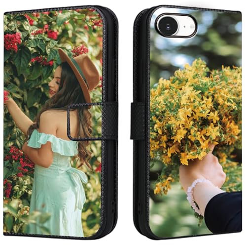 CAXKJE Lederhülle für iPhone 16e Personalisierte Handy Hülle,mit Eigenem Foto Bild Text Individuelle Schutzhülle,Leder Flip Case Schutzhülle Stoßfest Hülle -SAMHD-Black