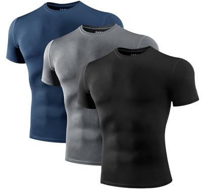 Niksa Compression Shirt Men, 3 Packs Short Sleeve Gym T Shirts Men's Muscle Fit T-Shirt Breathable Active Wear T Shirt Base Layers Quick Dry Tops for Running Cycling Sports, Black Grey Navy Blue, L