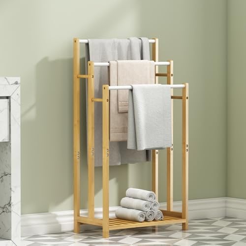 Dripex Freestanding Towel Rack, Towel Shawls Holder with Bamboo Storage Shelf, Stainless Steels Rods, Bamboo Frame, Lightweight, for Home, Bathroom (L46xW24xH66/76/86cm)