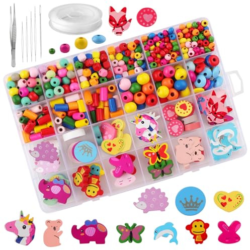 JTgugu Basteln Bunte Holzperlen zum Auffädeln DIY Perlenschmuck Set Kinder | Holzperlen mit Loch zum Auffädeln Bastelperlen für Armbänder Kordelset Halsketten Geschenk für Mädchen