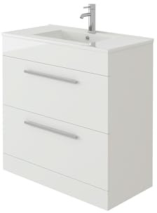 VeeBath Desire Venus Floor Standing Vanity Unit in Gloss White with Slim-Edge Ceramic Basin, Soft Close Drawer and Flap Storage, Modern Compact Bathroom Furniture, Durable MFC Build, 500mm