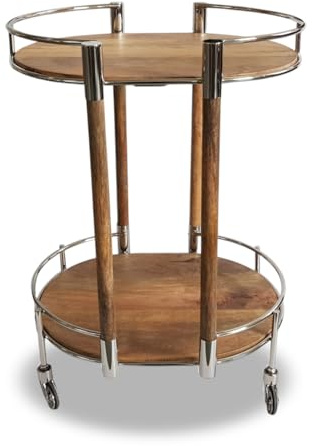 Elm home and garden Try Round Mango Wood Drinks Trolley With Silver Frame In Natural Finish