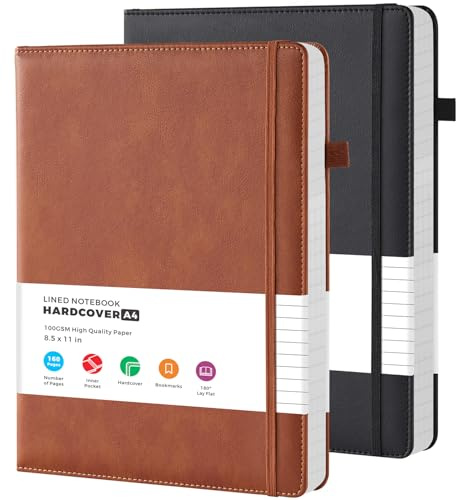 FOCUS DAY (2 Pack) A4 Notebook Journal, Large A4 Leather Notepad with 100GSM Lined Paper, Inner Pocket, Pen Loop, Hardback Note Book for Women/Men Work Writing, 21.5 x 28 cm, Brown & Black
