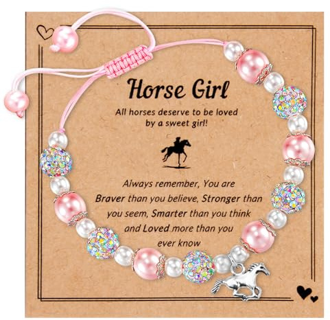 anyts Pferde Mädchen Geschenk Armband, Pferd Armbänder Kinder Rosa Perle und Strass Kugeln/Rosa Naturstein, Armbänder mit Pferde Zubehör Anhänger Armband Mädchen kinderschmuck Geschenke