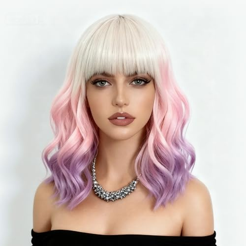 NOBLE Colourful Short Bob Wigs with Bangs for Women 3 Tone Ombre Pink root to Purple Color Short Wavy Bob Hair Wig Shoulder Length Synthetic Heat Resistant Bob Wigs