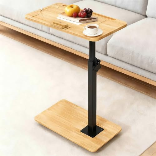YASHIIN Bamboo Rotating TV Tray,Adjustable Height,Sofa Side Table,with Phone and Tablet Slot, Bedside Table for Living Room Sofa or Bedroom