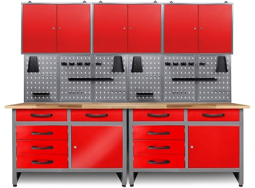 Ondis24 Werkstatt Set Holger 240 cm – Werkbank mit 28 mm Buchenholzplatte, Werkzeugschränken, Lochwand und Haken-Set – komplette Werkstatteinrichtung für Garage und Hobbyraum