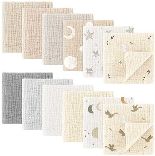bearmoss Lot de 12 Gants de Toilette en Mousseline 100% Coton Doux, Respirants et extrêmement absorbants pour bébé - 25 x 25 cm (Beige-Gris)