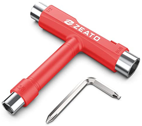 Zeato All-in-One Skate Tools Werkzeuge für Skateboards Multifunktionale Tragbar Skateboard Longboard T Tool Zubehör mit T-Type Schlüssel und L-Type Kreuzschlitz-Schlüssel Schraubenzieher - Rot