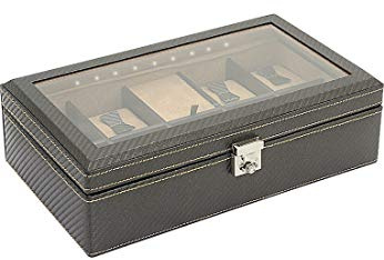 Friedrich|23, Uhrenkasten mit LED-Licht, Für 9 Uhren, Carbon-Optik, Feinsynthetik, 29,5 x 17 x 8,5 cm, Abschließbar, Glasdeckel, Carbon, Dunkelbraun, 32059-3