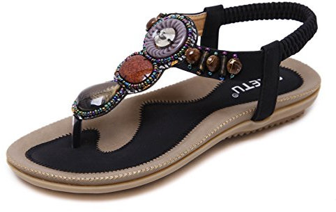 Morbuy Sandales Plates Femmes, Chaussures de Ville Été à Style Bohême Tongs Flip Flops Plage Vacances Plats Confortables pour Pieds Larges Grande Taille 35-45 (37 EU = 235 mm, Noir)