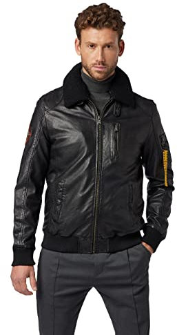 RICANO TG-1101 Herren Flieger Lederjacke aus echtem Lamm Nappa Leder mit Fellkragen aus Lammfell in schwarz und dunkel braun (Schwarz, XL (54))