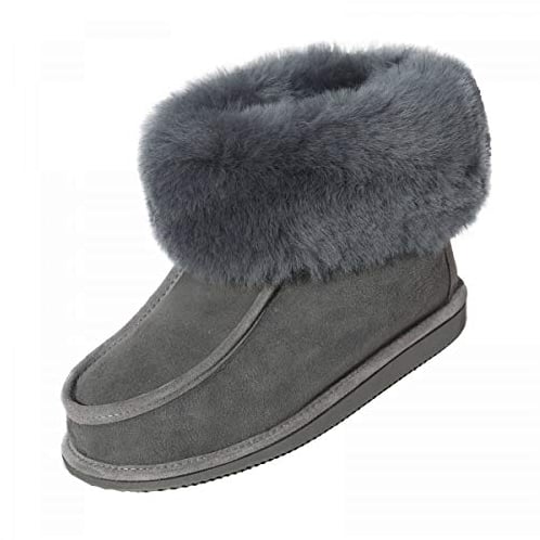 Hollert Damen & Herren Lammfell Hausschuhe Adam Fellschuhe aus Merino Schaffell Echtleder sehr warm und atmungsaktiv Schuhgröße 44, Farbe Grau