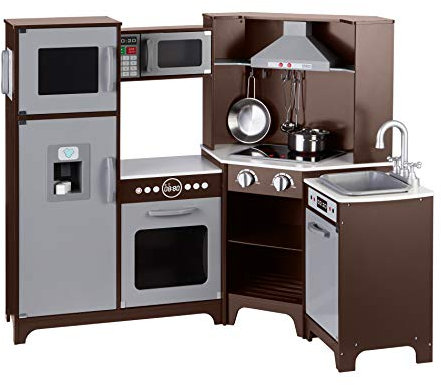 Amazon Basics Cocina de juguete, forma esquinada, de madera, con puertas interactivas, pomos y luces, 99 x 71 x 89 cm, color marrón espresso y gris
