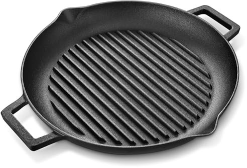 Velaze - Sartén para parrilla de inducción, placa redonda de hierro fundido con 2 asas y 2 boquillas de 38,5 cm x 33,5 cm, ideal para carne, barbacoa y todo fuego