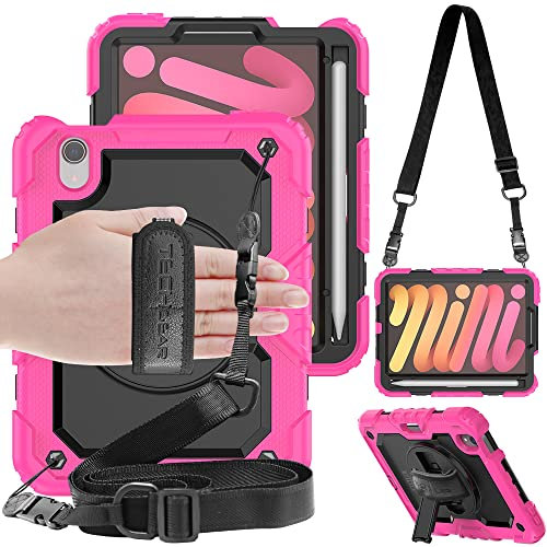 TECHGEAR UTILITY Case for iPad Mini 7/6, 8.3 - Tough Rugged HEAVY DUTY Armour Shockproof Case with 360 Rotating Stand, Hand Strap and Shoulder Strap - Pink