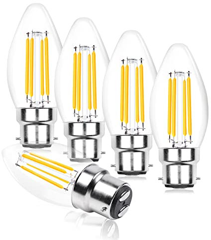 Luxvista C35 B22 LED Candle Bulb Dimmable, 4W Bayonet Cap BC Vintage Edison LED Filament Light Bulb 40W Incandescent Bulb Equivalent Warm White 2700K for Chandeliers Ceiling Light (5-Pack)
