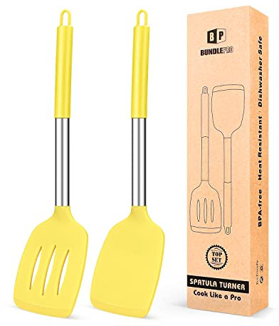 Lot de 2 spatules de cuisine solides en silicone, anti-adhésives, résistantes à la chaleur, sans BPA, idéales pour poissons, œufs, crêpes (jaune)