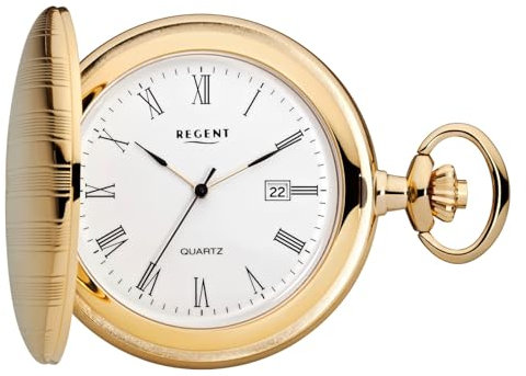 Regent Herren Taschenuhr Savonnette Verchromt 47 MM Quarz Römische Zahlen Datum P-738