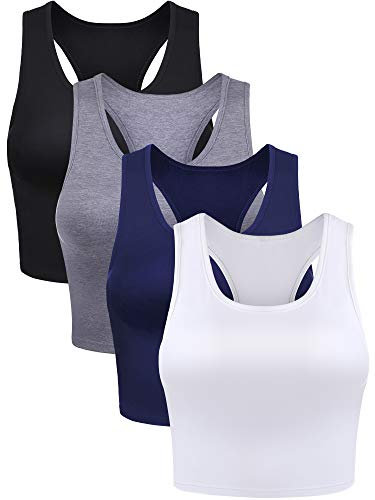 Geyoga Tanktop für Damen, Trainings-Oberteil, einfach, Crop-Top, ärmellos, Racerback, für Sport, Yoga, Laufen, 4 Stück, Schwarz, Dunkelgrau, Marineblau, XX-Large