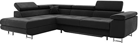 MEBLINI Schlafcouch mit Bettkasten - Ecksofa mit Schlaffunktion - Sofa mit Relaxfunktion und Kopfstützen - Couch L-Form - Eckcouch - Wohnlandschaft - Carl - 272x202x63cm Links - Schwarz Samt