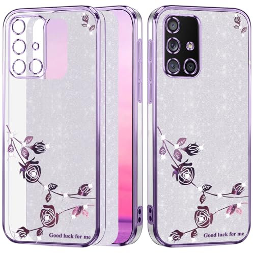 Yarxiawin Mobile Phone Case Compatible with Samsung Galaxy A51 5G Silicone Glitter Flowers Mobile Phone Case Samsung A51 5G Case Glitter Transparent Thin Protective Case Transparent (Silver-Purple)