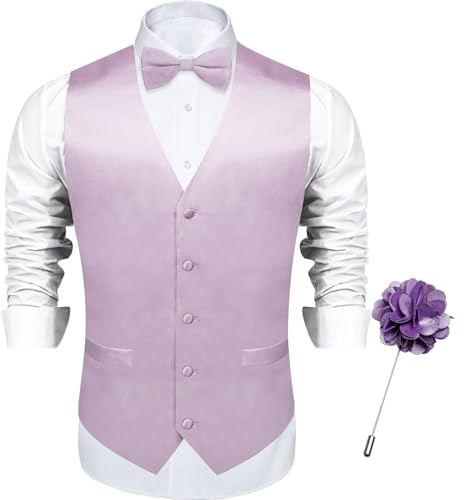 DiBanGu Herren-Paisley-Weste, 6-teilig, Seidenkleid, Anzugweste und Fliege, quadratische Manschettenknöpfe, Anstecknadel-Set für Anzug oder Smoking, Satin-Flieder, Large