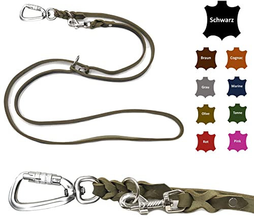 Hundeleine Fettleder mit Sicherheitshaken + Edelstahlringe/Hundeleine große Hunde/Hundeleine Leder bis 100Kg (Olivegrün, 2m)