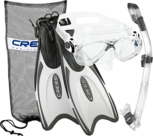 Cressi Italienisches Design Premium gehärtete Glaslinse Scuba Schnorchel Maske, Trockenschnorchel, Palau Lange Verstellbare Schnorchelflosse, Schnorchelset mit Tragetasche für Damen und Herren