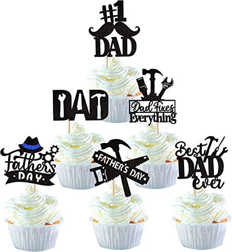 24 Stück Happy Father's Day Tortendeko Glitzer Best Dad Ever Kuchen Deko Love Father #1 Dad Tie Moustache Hat Glass Cupcake Toppers für Father's Day Thema Party Geburtstag Cake Decoration Schwarz