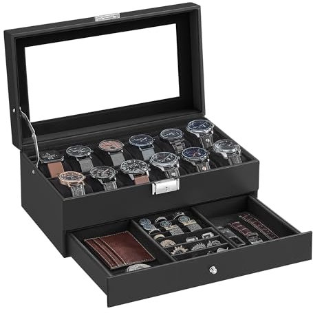 SONGMICS Uhrenbox, Uhrenkasten mit Glasdeckel, 2 Ebenen, für 12 Uhr, abschließbar, 1 Schublade, für Ringe, Armbänder, Geschenkidee, PU-Bezug in Schwarz, Innenfutter in Schwarz JWB012B03