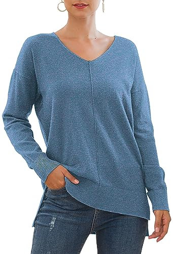 Yommay Jersey para mujer con cuello de pico, ligero, manga larga, elegante, jersey de punto, cálido, moda para invierno, L