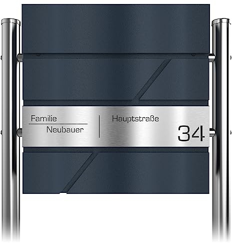 Graviers Design Briefkasten freistehendin Anthrazit RAL 7016 mit Standfuß - Postkasten personalisiert Edelstahl Lasergravur Name Hausnummer Straßenname - Schloss Zeitungsfach Design 2