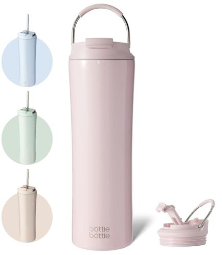 BOTTLE BOTTLE Insulated Coffee Cup with Dual-use Lid and Straw 700ml(24oz) Reusable Iced Travel Mug for Woman and Man Stainless Steel Tumbler with Handle(Light Pink)