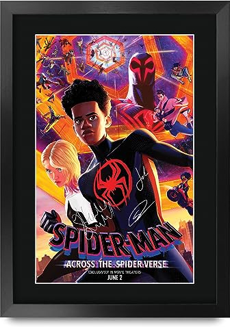 HWC Trading FR A3 Spider-Man 2 Miles Morales Across The Spider-Verse Geschenke Geduckter Poster Signiertes Autogramm Foto für Fans von Film Memorabilien - A3 Gerahmt