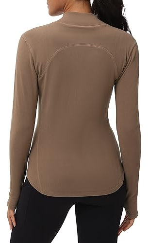 THE GYM PEOPLE Fleece Mock Turtleneck Pullover Base Layer Shirts Long Sleeve Workout Tops with Thumb Hole Brown