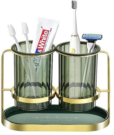 Zahnbürstenhalter für Badezimmer, 2er Aufsteckbürsten Halter Zähler Organisator, Make-up Pinselhalter, Utensilienhalter für Küche und Bad geeignet (Grün)