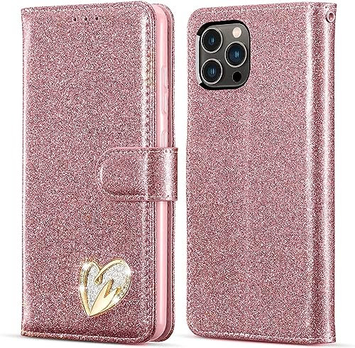 KP TECHNOLOGY Case for iPhone 15 Pro, Premium Shiny Bling Glitter Loving Heart Book Flip Stand Wallet Card Phone Case for iPhone 15 Pro (ROSE GOLD)