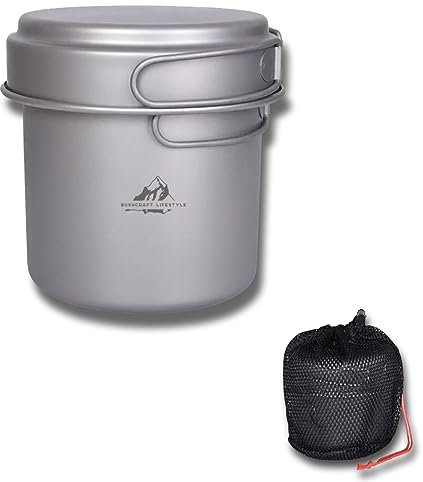 BUSHCRAFT LIFESTYLE Tasse de Camping Ultra léger et Résistant en Titane avec Couvercle et Sac (1080+500 ML)