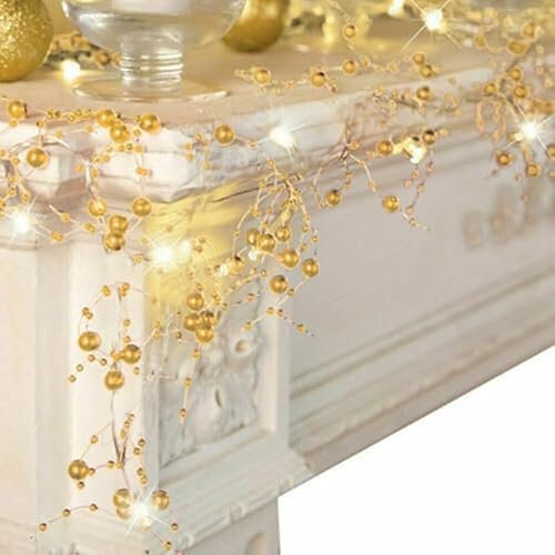 Christmas Fairy String Lights Garland Battery Operated 10 LED 1.5M Pearl Fairy Lights for Outdoor Indoor Christmas Halloween Wedding Home Decoration Warm White (Gold)
