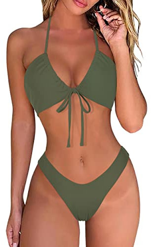 DOULAFASS Damen Bikini Set Sexy Bikini Brazilian Style Niedriger Taille String Triangel 2tlg Bikini Armeegrün S