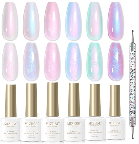MIZHSE Pearl Effect Gel Nagellack Set - 6 Farben UV Nagellack weiß Perlmutt Nagel lack UV Lack Aurora Spirale Schimmer mit Thread Shell Nagel Maniküre LED Pearl Gel Nail Polish 7ml