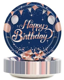 EVYIENEN Set di 50 piatti di carta usa e getta, 18 cm, blu, Happy Birthday per feste, San Valentino, anniversari