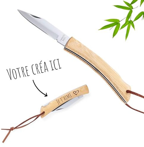 lotdevin Canif de poche pliant Mabouteille.fr - Couteau personnalisé homme Gravure Laser pour prénom & logo [ Couteau pliant de poche ] (Bambou)