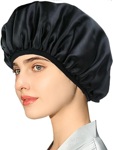 1 bonnet de douche doublé de satin avec bande élastique, bonnet de douche doux, double couche, imperméable, pour le soin des cheveux, convient à toutes les longueurs de cheveux (noir)