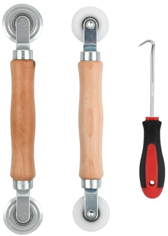 Rundago 3 Pieces Tool Retractor, 2*Double Wheel Piping Roller Sealing Roller with Wooden Handle with Nylon Wheels and Metal Rollers, 1*Rubber Strip Hook for Window Grille Installation Tool