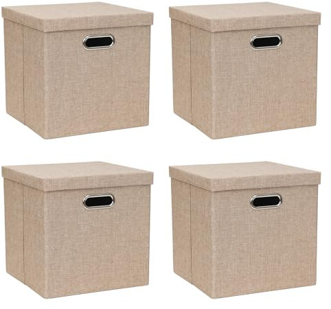 ArcaGuru Aufbewahrungsbehälter mit Deckel, zusammenklappbare Leinen Stoff Boxen Organizer Container mit Deckel Korb für Schrank, Regale, Haus, Büro, 30,5 x 30,5 x 30,5 cm, 4 Stück, Khaki