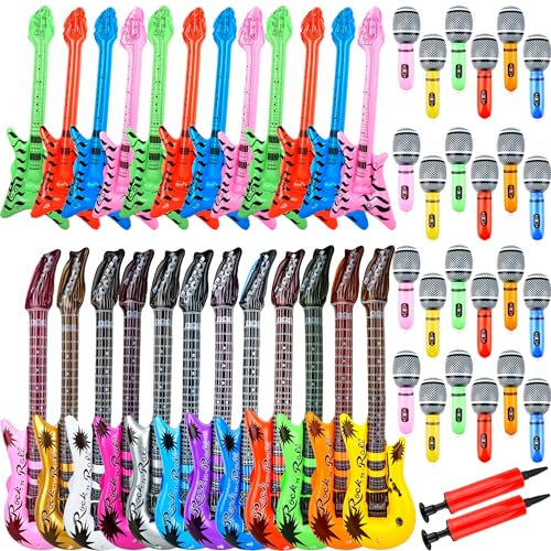 50 Pack Inflatable Rock Star Toy Set includes 12 Pcs Inflatable Guitar 12 Pcs Inflatable bass 24 Pcs Blow up Microphone and 2 Pcs Air Pump for Children Musical Party Favors