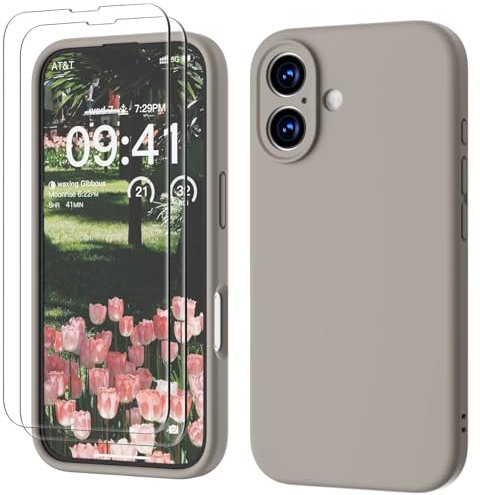 GOODVISH 3 in 1 für iPhone 16 Hülle, mit 2 Stück Schutzfolie Liquid Silikon Hülle [Upgraded Kameraschutz] Soft Mikrofaserfutter Handyhülle Kratzfest stoßfeste Schutz Case für iPhone 16 6.1, Neu Grau