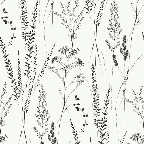 Attitude Floral Grass Wallpaper - White Black Sprig Flowers - Trendy Stylish Textured Paste The Wall Vinyl